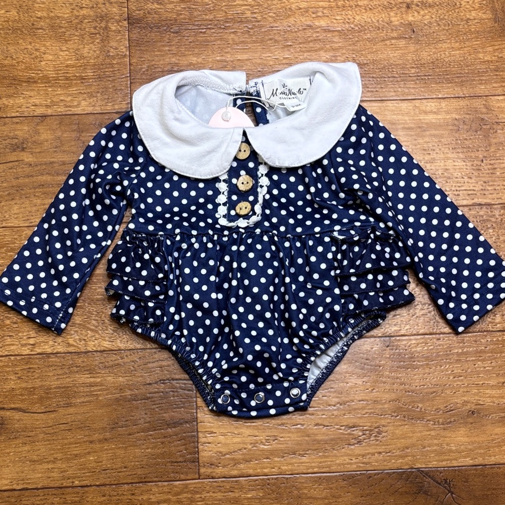 Marie Nicole 0-3mo Navy Polka Dot Romper Bubble Peter Pan Collar Long Sleeve
